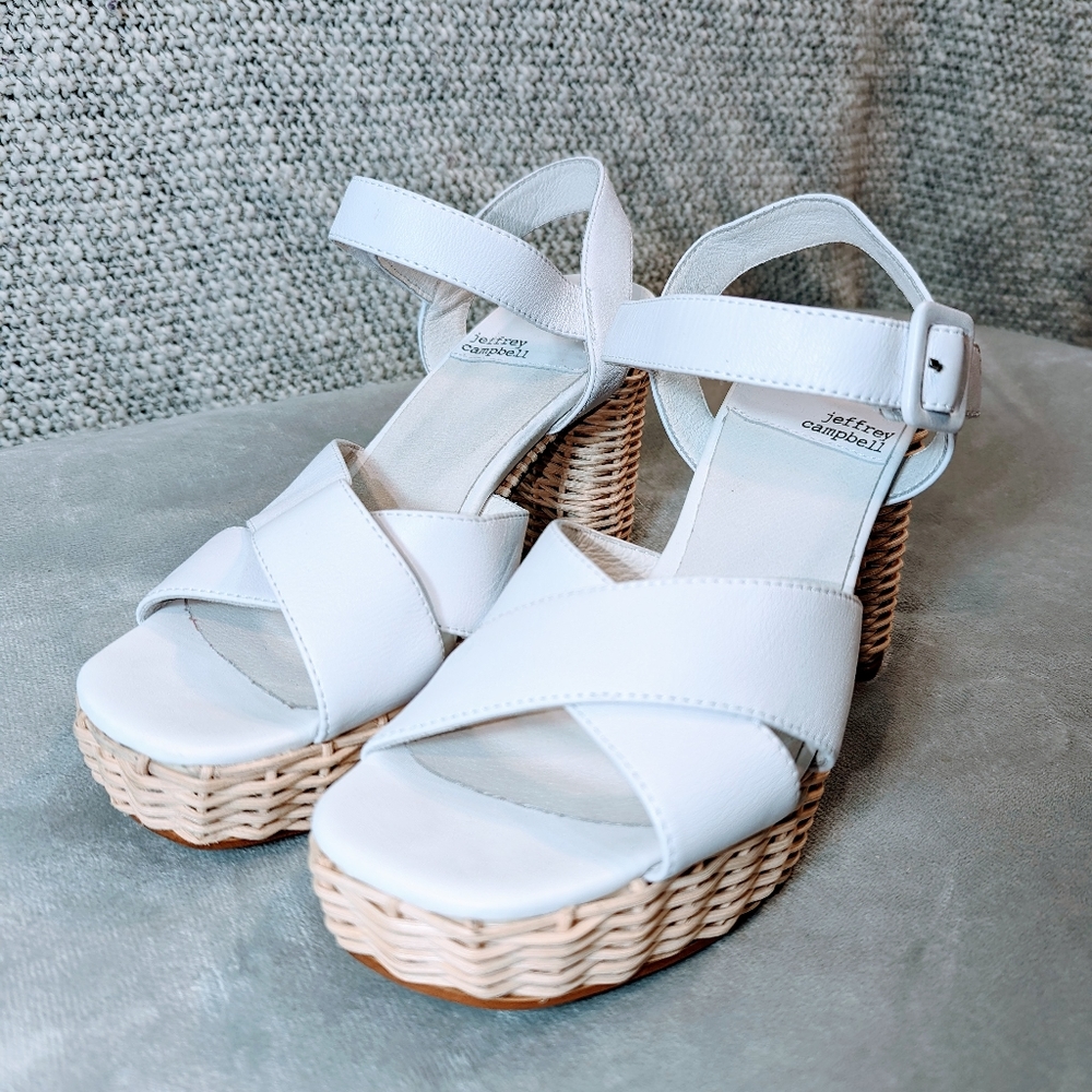 Jeffrey Campbell Amma Platform White Sandal Women's Sz 8 Wicker H&L Cross Strap - Picture 2 of 9